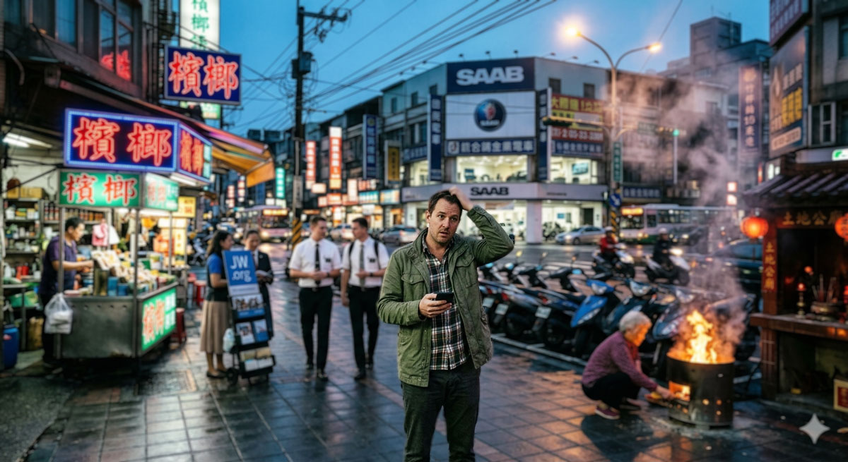 An expat walking the streets of Taoyuan, Taiwan at night, looking for an English church